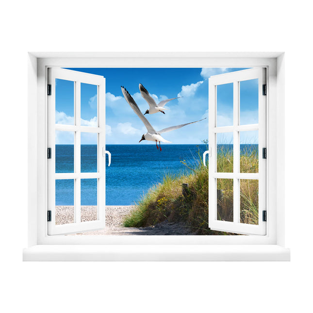 Bringen Sie die Strandidylle in Ihr Zuhause! Unser selbstklebendes Wandbild mit Fenstermotiv präsentiert eine beeindruckende Illusion mit Blick auf den sonnigen Strand, das tiefblaue Meer und zwei Möwen, die sanft über den Sand gleiten. Perfekt für eine Dekoration, die Verträumtheit, Ruhe und Urlaubsgefühle vermittelt.
