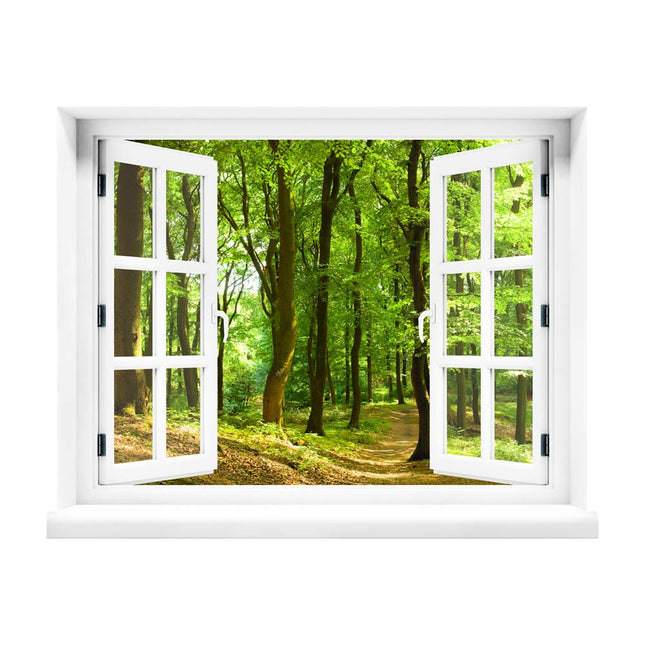 Erleben Sie die Magie eines Waldspaziergangs in Ihrem Zuhause! Unser selbstklebendes Wandbild in Form eines geöffneten Fensters zeigt einen verträumten Waldweg mit Sonnenstrahlen, die durch die Bäume scheinen, an einem sonnigen Tag. Die ideale Dekoration für eine entspannte Atmosphäre und die Schönheit der Natur.