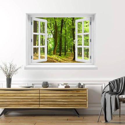 Tauchen Sie ein in die ruhige Schönheit der Natur! Unser selbstklebendes Wandbild in Form eines geöffneten Fensters zaubert eine faszinierende Illusion mit Blick auf einen Waldweg, durch den Sonnenstrahlen hindurchscheinen, als Dekoration über einer Kommode im Wohnzimmer. 