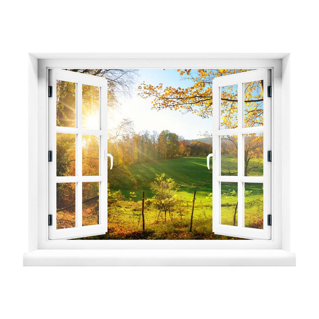 Entfliehen Sie dem Alltag in die beruhigende Natur! Unser selbstklebendes Wandbild in Form eines geöffneten Fensters bietet eine faszinierende Illusion mit Blick auf eine sonnenbeschienene Waldlichtung und eine grüne Wiese, an einem wunderschönen Herbsttag. Die ideale Dekoration für Ruhe, Entspannung und Herbstzauber.