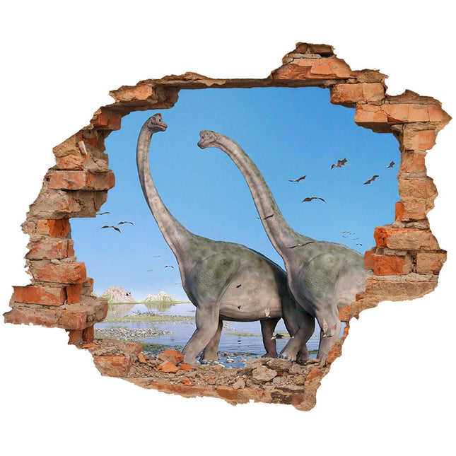 Wandaufkleber Wandtattoo in Form eines Wanddurchbruchs von zwei Dinosauriern Brachiosaurus als Hauptbild