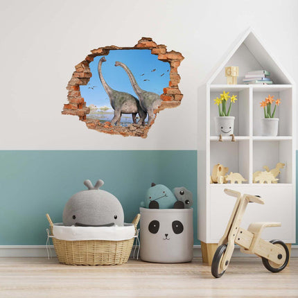 Wandaufkleber Wandtattoo in Form eines Wanddurchbruchs von zwei Dinosauriern Brachiosaurus als Hauptbild im Kinderzimmer-Deko
