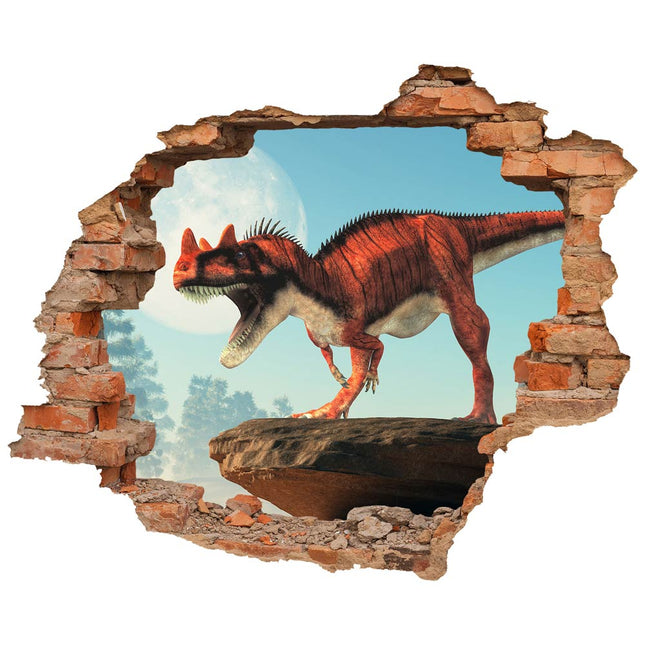 Wandaufkleber Wandtattoo in Form eines Wanddurchbruchs von einem Dinosaurier Ceratosaurus als Hauptbild
