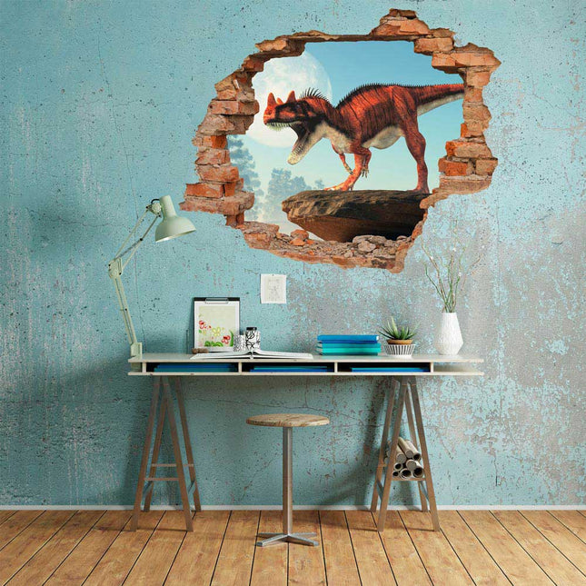 Wandaufkleber Wandtattoo in Form eines Wanddurchbruchs von einem Dinosaurier Ceratosaurus als Hauptbild über dem Schreibtisch