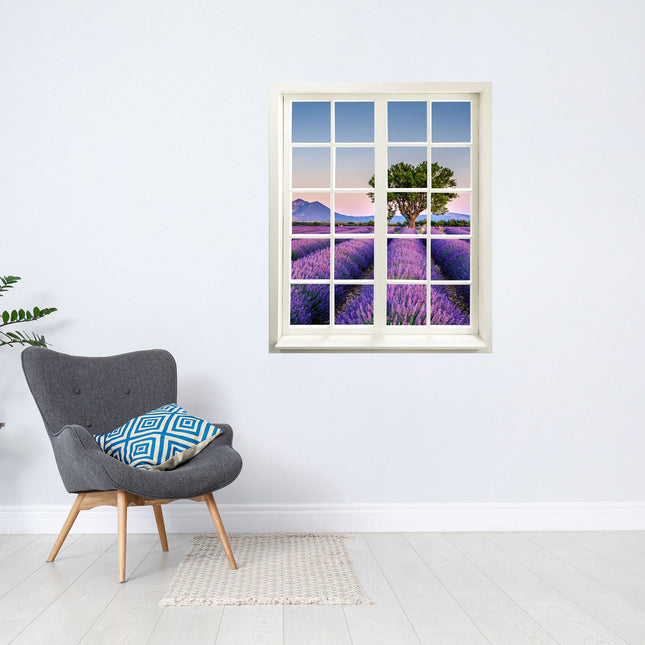 Wandaufkleber Fensterblick "Lavendelfeld" neben Sessel