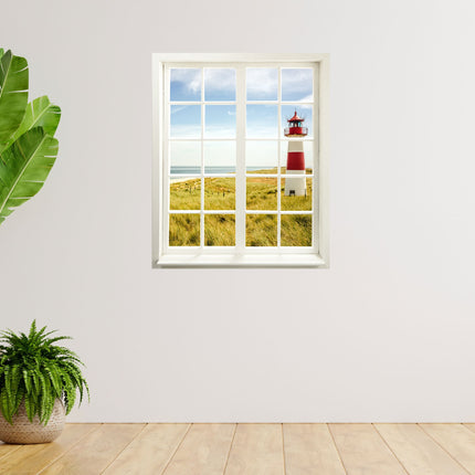 Wandtattoo Motiv Fensterblick "Leuchtturm" in Zimmer mit Topfpflanzen