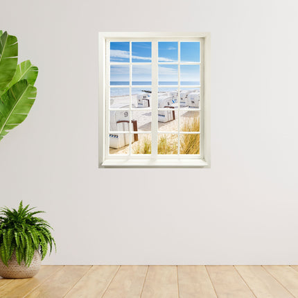 Wandtattoo Fensterblick "Strandkörbe Ostsee" an heller Wand neben Zimmerpflanzen