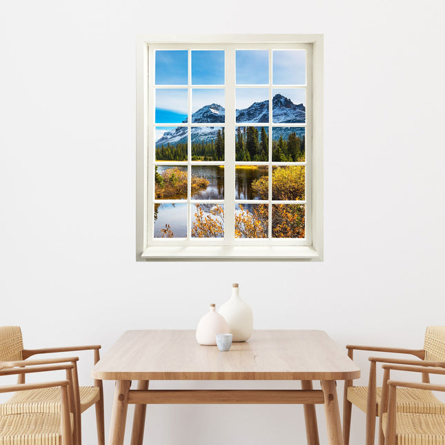 Gedrucktes Foto für Tapete und Möbel, mit einem Sprossenfenstermotiv mit Aussicht in die Berge