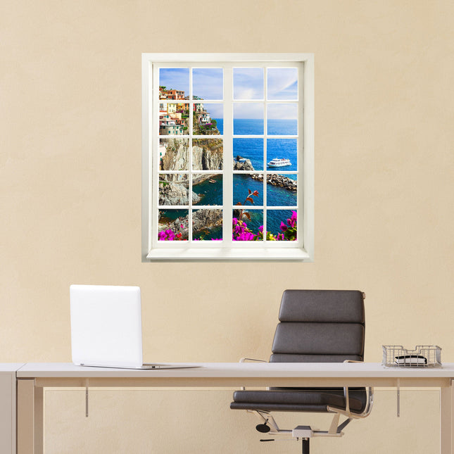 Wandaufkleber Wandtattoo in Form eines geschlossenen Fensters mit Blick auf die Bucht von Cinque Terre im Büro über einem Schreibtisch