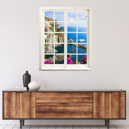 Wandaufkleber Wandtattoo in Form eines geschlossenen Fensters mit Blick auf die Bucht von Cinque Terre über einer Kommode