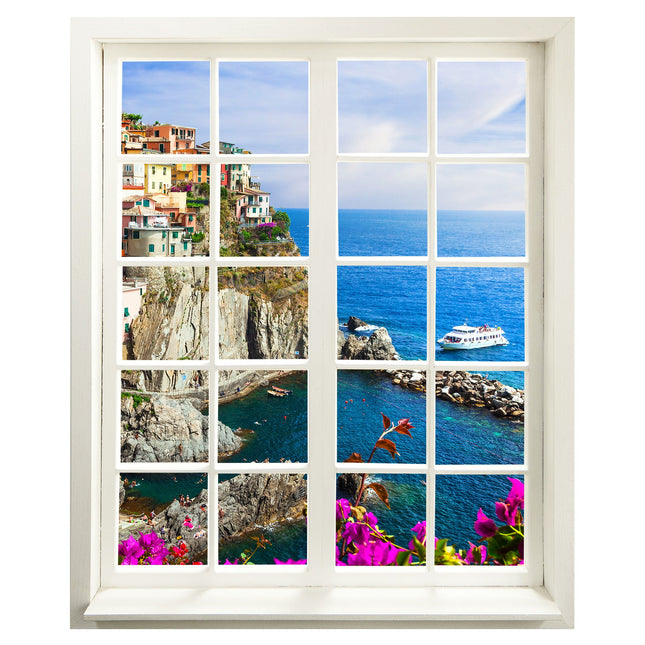 Wandaufkleber Wandtattoo in Form eines geschlossenen Fensters mit Blick auf die Bucht von Cinque Terre
