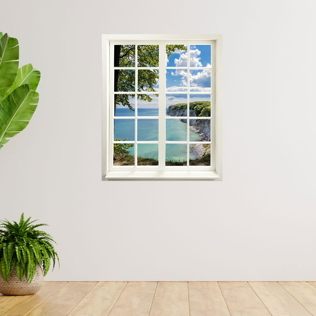Wandtattoo Fensterblick "Meer und Bucht" bei Pflanzen auf weißer Wand 