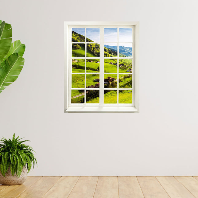 Wandtattoo - Fensterblick "Schwarzwald" an weißer Wand neben Zimmerpflanzen