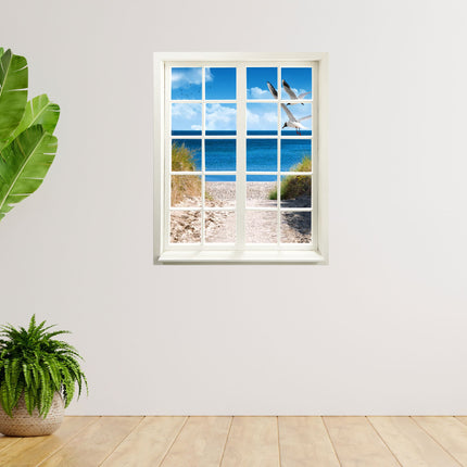 Wandtattoo Motiv Fensterblick "Strand mit Möwen" in hellem Zimmer mit Pflanzen