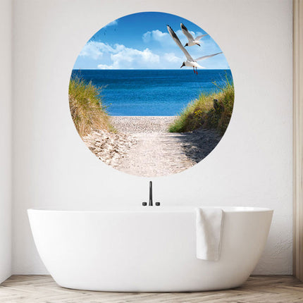 Wandaufkleber rund "Strand mit Möwen" in modernem Badezimmer